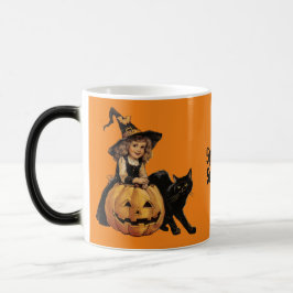 Taza Mágica Vintage Halloween Bruja con gato negro y calabaza
