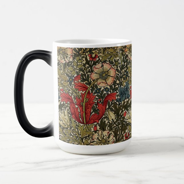 Taza Mágica William Morris Elegante Patrón Floral Verde Rojo (Izquierda)