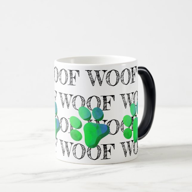 Taza Mágica WOOF Pattern Blue Green Paw Impresión Diversión co (Anverso derecho)