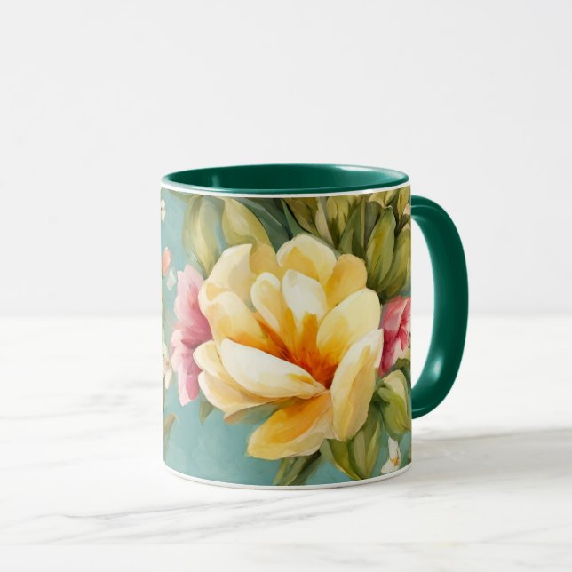 Taza Magnolia rosa y amarilla exquisita con flores blan (Anverso derecho)