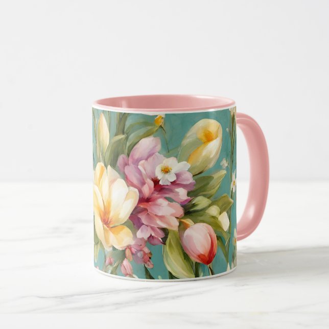 Taza Magnolia rosa y amarilla exquisita con flores blan (Anverso derecho)