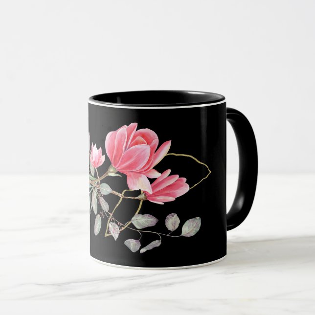 Taza Magnolia rosa y dorada en negro (Anverso derecho)