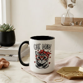 Taza Mamá Gata de Moda con Gafas y Bandana Café Blanco