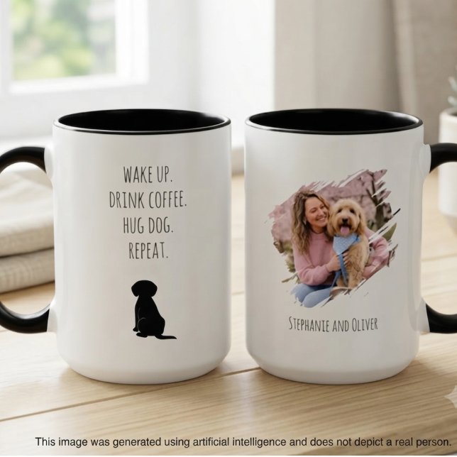 Taza Mamá Perro Despertar Beber Café Repetir (Two-tone dog mom photo mug with a funny morning routine quote for a pet lover's birthday gift.)
