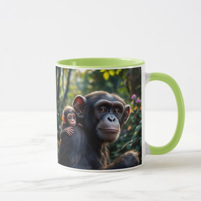 Taza Maman chimpanzé promène son bébé. (Derecha)