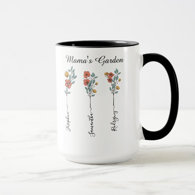 Taza Mama's Garden Personalizado 3 nombra regalo floral (Derecha)