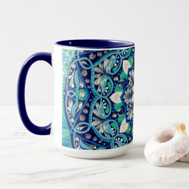 Taza Mandala azul de arte (Con donut)