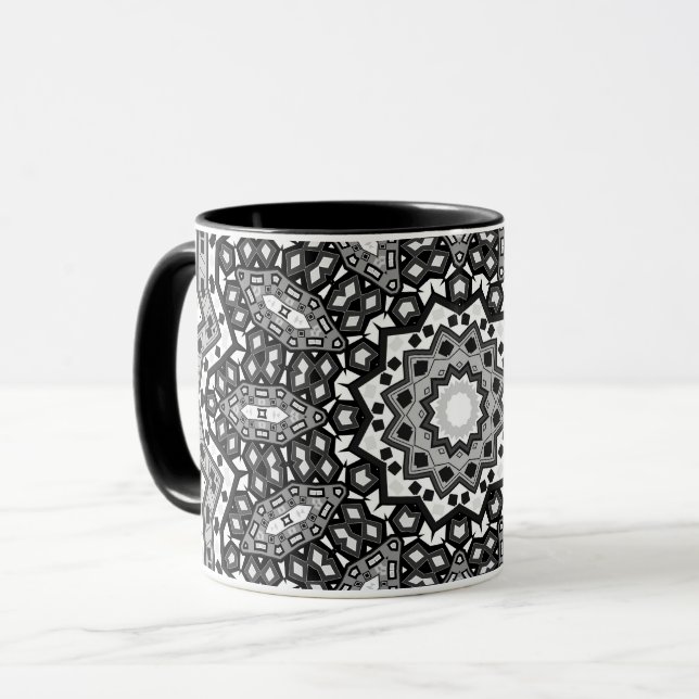 Taza Mandala blanca negra, caleidoscopio, ornamento red (Anverso izquierdo)