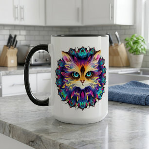 Taza Mandalá con retrato de gato lindo y peludo