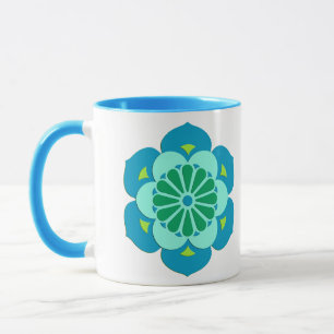 Taza Mandala de flores de Lotus, turquesa, azul y limón