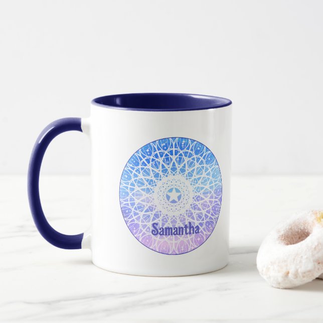 Taza Mandala Floral Morado, Blanco Y Azul (Con donut)