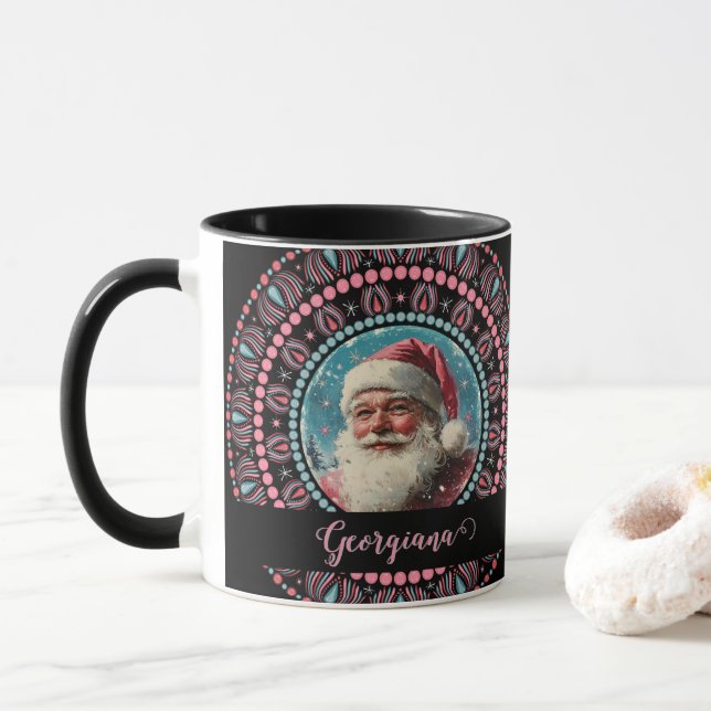Taza Mandala floral Retro Santa Pinkmas personalizada (Con donut)