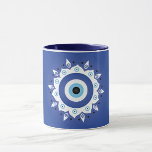 Taza Mandala griega malvado Ojo Azul Blanco