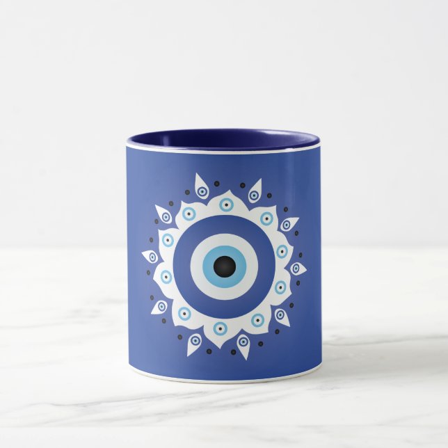 Taza Mandala griega malvado Ojo Azul Blanco (Centro)