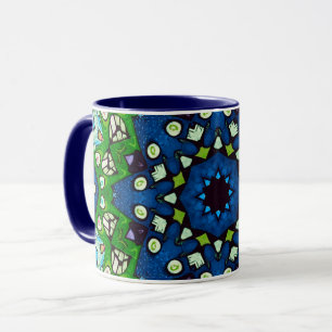 Taza Mandala Mosaic Geométrico Retro Azul Verde Hippie