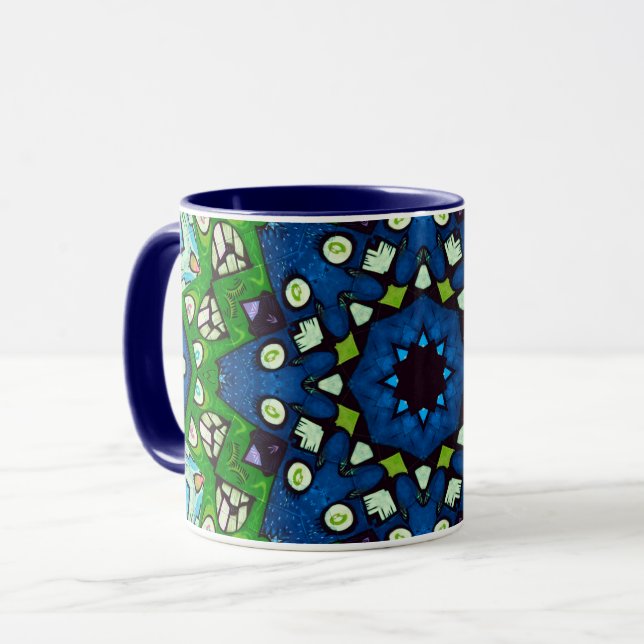 Taza Mandala Mosaic Geométrico Retro Azul Verde Hippie (Anverso izquierdo)