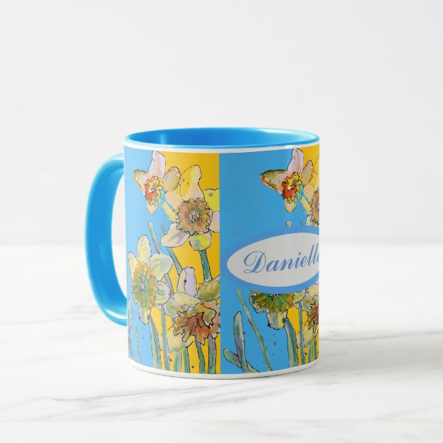 Taza Mano de pintura de Daffodil Pintado de flores amar (Anverso izquierdo)