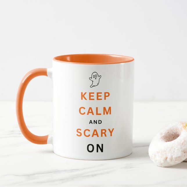 Taza Mantener la calma y el miedo en el Naranja texto F (Con donut)