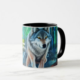 Taza Mantra del sueño pacífico con lobo gris en el bosq