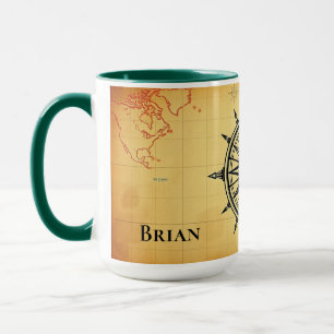 Taza Mapa Mundial Vintage y Brújula Aventura Personaliz