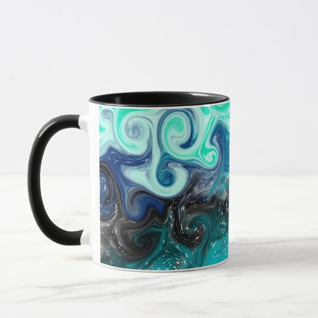 Taza Marble de arte verde azulado, azul y negro con flu (Izquierda)