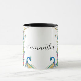 Taza Marco de pavos reales con flores acuarelas