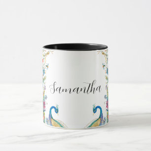 Taza Marco de pavos reales con flores acuarelas