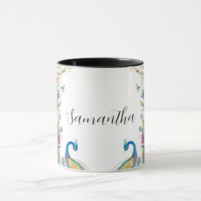 Taza Marco de pavos reales con flores acuarelas (Centro)