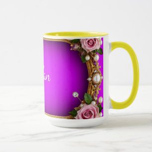 Taza Marco Dorado Con Rosas y Perlas Elegantes