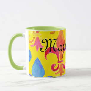 Taza Mardi Gras Rainbow Fleur de lis Monogram