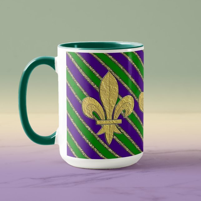Taza Mardi Gras Stripes & Fleur de Lys (Subido por el creador)