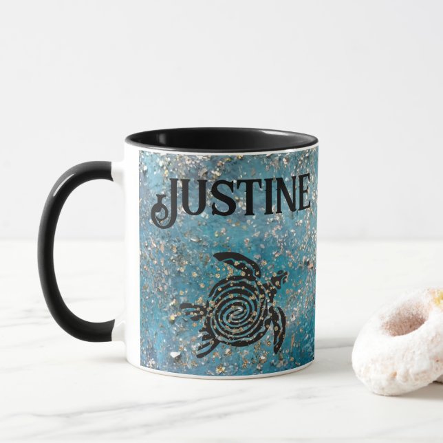 Taza Marea mágica Tortuga Purpurinoso azul personalizad (Con donut)