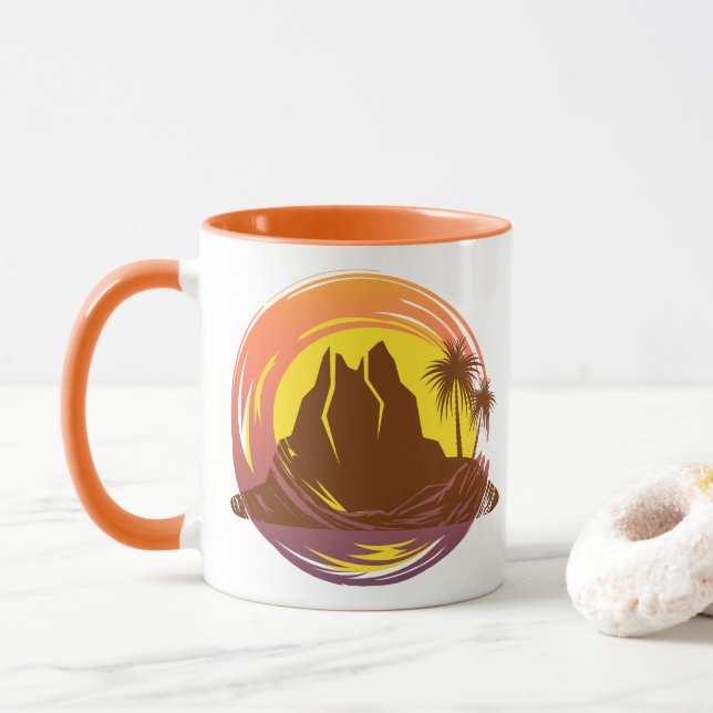 Taza Margen con el paisaje volcánico tropical y palmera (Con donut)