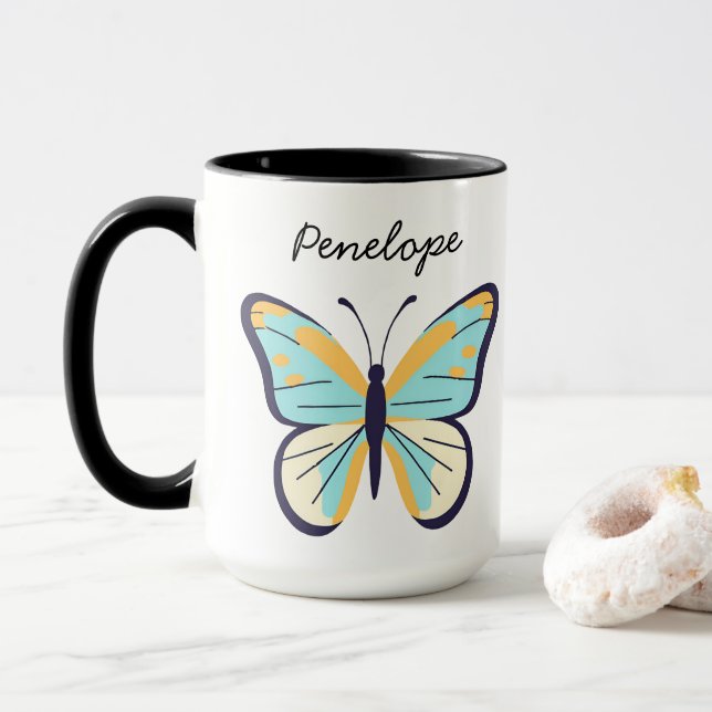 Taza Mariposa azul bonito ・ Nombre del Personalizable (Con donut)