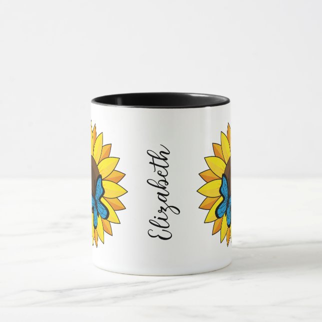 Taza Mariposa azul y girasol | Añadir nombre (Centro)