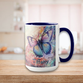 Taza Mariposa color azul, púrpura y rosa