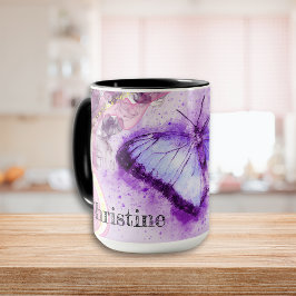 Taza Mariposa color púrpura y dorada personalizada