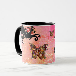 TAZA MARIPOSA DESTELLOS ROSADOS, MONOGRAMA FLORAL NEGRA