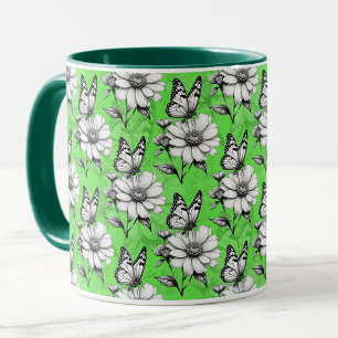 Taza Mariposa En Diseño Verde De Patrón De Flor