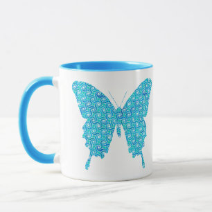 Taza Mariposa, patrón en azul, turquesa, blanco