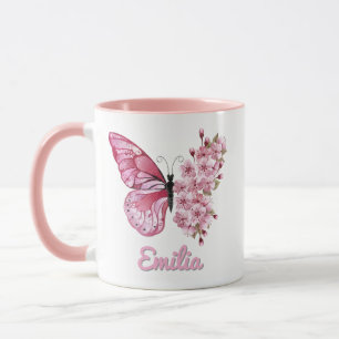 Taza Mariposa Rosa Personalizada y Flor de Cerezo