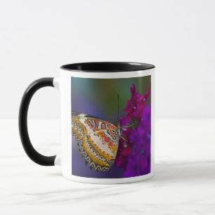 Taza Mariposa tropical en flores púrpuras