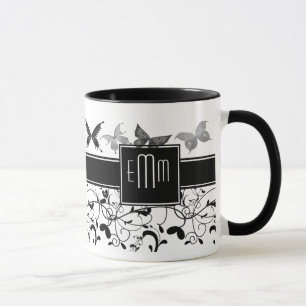 Taza Mariposa victoriana floreciente blanco negro