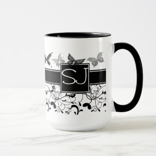 Taza Mariposa victoriana floreciente blanco negro