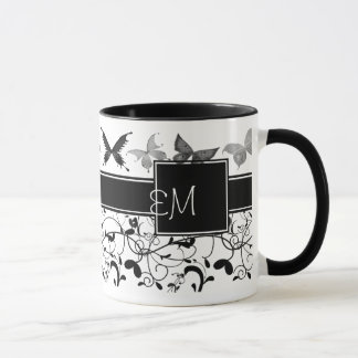 Taza Mariposa victoriana floreciente blanco negro