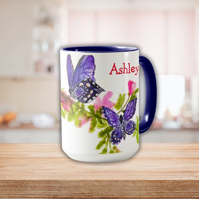 Taza Mariposa y flores púrpura personalizada (Personalized Purple Watercolor Butterfly & Flowers Mug)