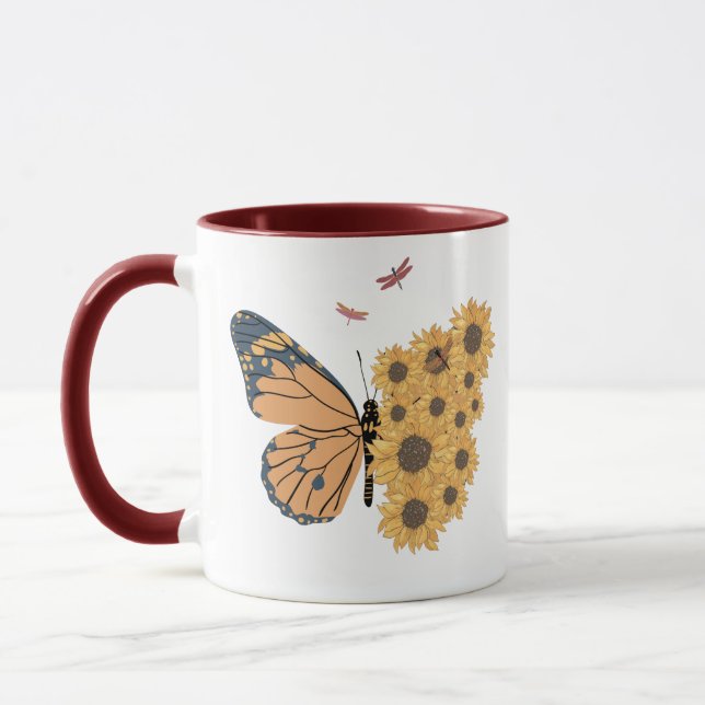 Taza Mariposa y libélula de color de girasol moderno (Izquierda)