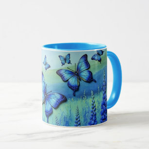 Taza Mariposas Azules con Flores Azules,