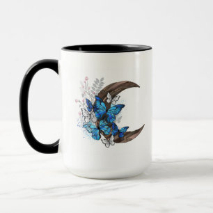 Taza Mariposas azules sobre la media luna de madera