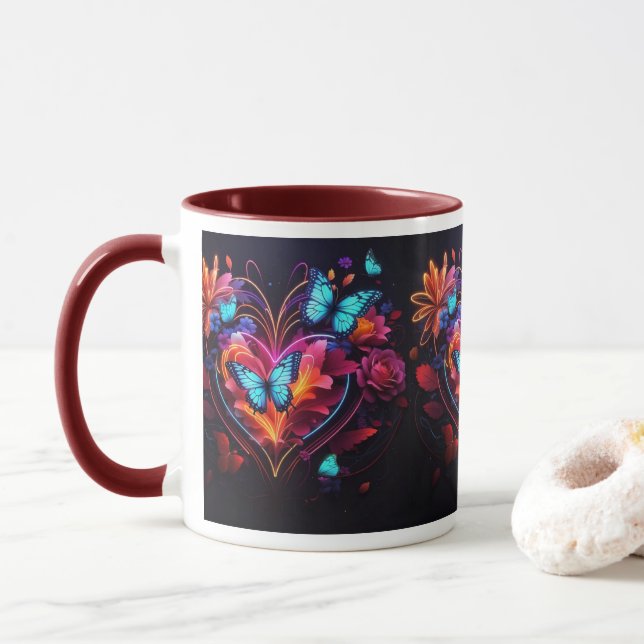 Taza Mariposas bailando entre flores vibrantes (Con donut)